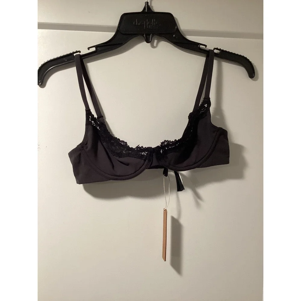 SKIMS Fits Everybody Unlined Balconette Bra Onyx Lace Trim 34A Black Underwire - Picture 1 of 5